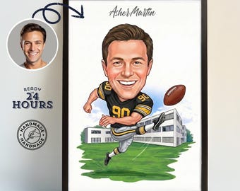 Custom Football Player Caricature, Personalized Gift for Dad, Hand Drawn Portrait from Photo, NFL Football Digital Download,Fathers Day Gift