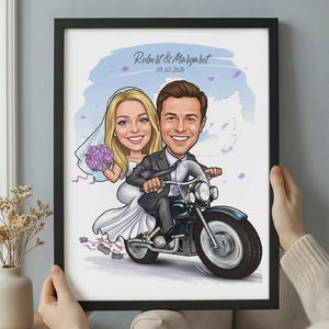 May include: A framed digital illustration of a couple on a motorcycle. The person on the back wears a white wedding dress and veil, holding a purple bouquet. The person in front wears a dark suit. Text reads Robert & Margaret 09.02.2026.