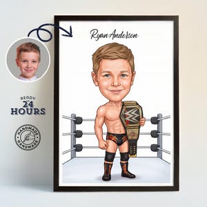 May include: Framed caricature of a young boy as a wrestler, holding a championship belt. The artwork includes the name "Ryan Anderson" and the text "Ready in 24 Hours" and "Handmade". The boy is depicted in a wrestling ring.
