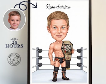 Wrestler Caricature Portrait For Kids– Custom Digital Cartoon Drawing, Wrestling Boy Gift