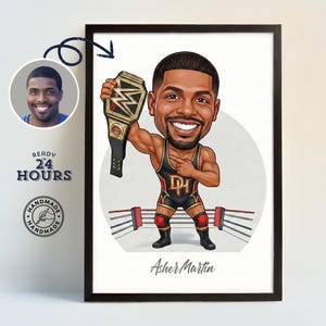 May include: Framed cartoon portrait of a man holding a wrestling championship belt. The artwork features a wrestler in a black and gold outfit, standing in a wrestling ring. The name "Asher Martin" is written at the bottom.