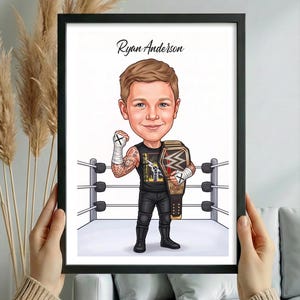 May include: A framed digital illustration of a cartoon wrestler named Ryan Anderson. The character has brown hair, tattoos on the arms, and white hand wraps. The wrestler wears a black tank top and pants, holding a championship belt in a ring.