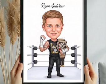 Custom Wrestler Portrait from Photo,Personalized Kids Wrestling Cartoon, Boy Birthday Gift Idea, Champion Belt Illustration