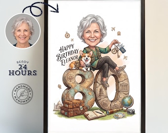 Custom 80th Birthday Gift for Her & Him – Personalized Portrait Drawing from Photo, Unusual Gift for 80th Birthday