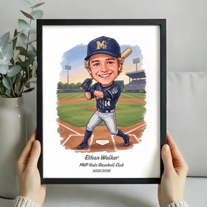 Custom Youth Baseball Player Drawing, Personalized Caricature for Kids & Academy Players, Birthday or Team Gift