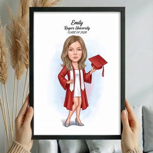 May include: A framed digital illustration of a person with shoulder-length brown hair wearing a white dress and a red graduation gown, holding a red mortarboard. The text reads Emily, Rogers University, CLASS OF 2026, set against a white background.