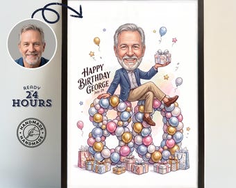 Custom 80th Birthday Caricature from Photo, 80th Birthday Gift for Dad, Gift for 80th birthday, 80th Birthday gift man, 80th Birthday Poster