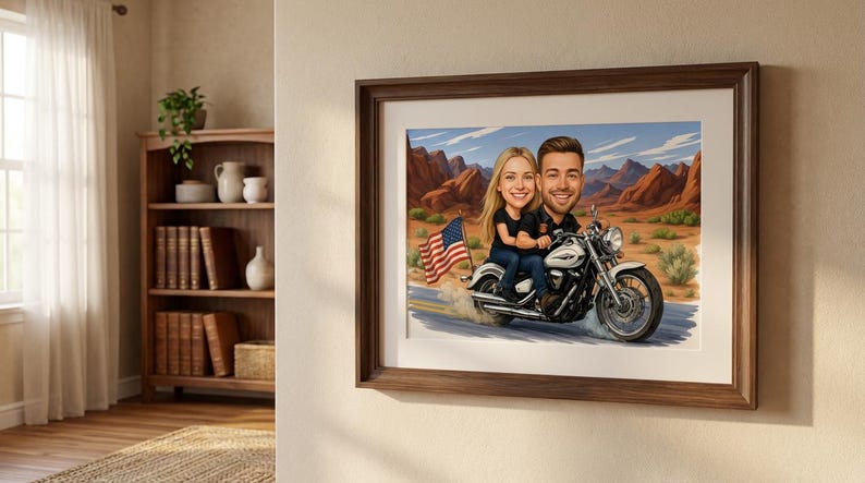 Framed artwork featuring a cartoon couple riding a white motorcycle with an American flag waving behind them. The background depicts a desert landscape with red rock formations and a blue sky.