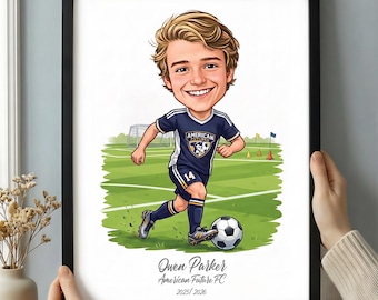 Anpassad karikatyr av fotbollsspelare för barn, personlig fotbollskonstgåva, konstverk för akademispelare