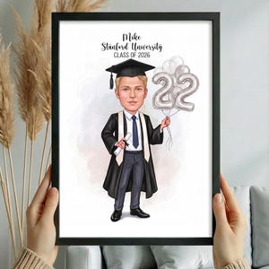May include: A framed digital illustration of a graduate named Mike from Stanford University, Class of 2026. The character wears a black graduation gown, cap, and tie, holding a diploma and silver balloons shaped like the number 22.