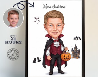 Custom Halloween Caricature for Kids, Personalized Vampire Portrait, Halloween Gift for Boy, Trick or Treat Cartoon, Spooky Character