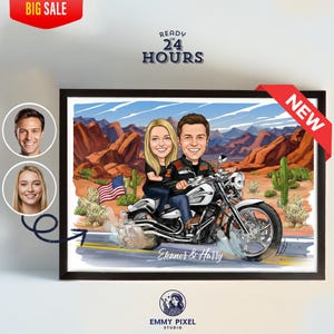May include: A framed digital illustration featuring a cartoon-style couple riding a motorcycle on a desert road with red rock formations and cacti in the background. The image includes a small American flag and the names Eleanor & Harry in script.