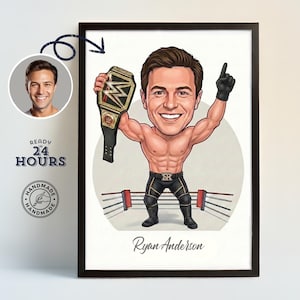 May include: Framed cartoon illustration of a man holding a championship belt, with the text "Ryan Anderson" at the bottom. The image includes a small portrait and text that says "Ready in 24 Hours" and "Handmade".