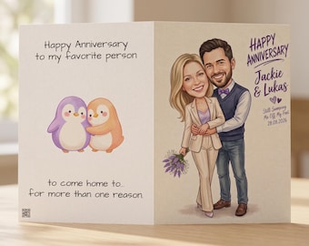 Personalized Couple Caricature Card, Custom Anniversary Gift for Couples, Wedding Greeting Card, Couple Anniversary, 7th Wedding Anniversary