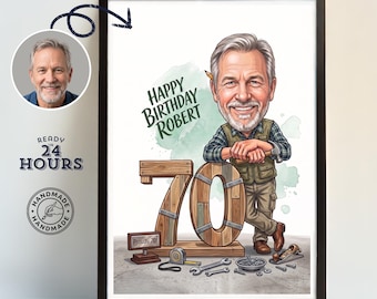 Personalized 70th Birthday DIY Lover Portrait from Photo, Custom Woodworker Caricature, Handmade Gift for Dad, Grandpa