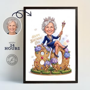 May include: A framed caricature print featuring a woman with gray hair wearing a crown and a blue dress, holding a scepter. The figure sits atop a large gold number 80 decorated with blue hydrangea flowers, small gold lions, and red gems. Text reads Happy Birthday Lisa.