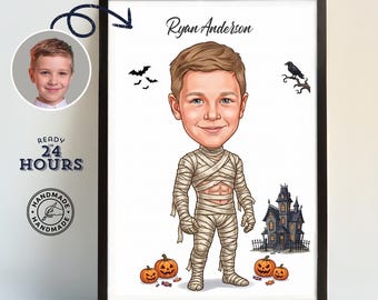 Halloween Mummy Caricature for Kids – Custom Personalized Mummy Portrait, Spooky Halloween Gift, Kids Halloween Artwork
