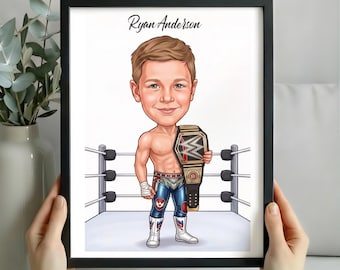 Personalized Wrestler Portrait from Photo, Custom Wrestling Print, Boy Birthday Gift, Champion Belt Cartoon Drawing