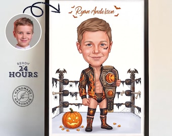 Halloween Wrestler Caricature for Kids – Custom Wrestling Boy Cartoon, Spooky Halloween Gift for Wrestling Fans