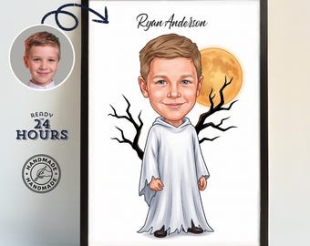 Personalized Halloween Ghost Portrait for Kids, Custom Caricature From Photo, Spooky Boy Costume Gift