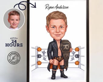 Halloween Wrestler Caricature for Kids – Custom Wrestling Boy Cartoon, Spooky Halloween Gift for Wrestling Fans