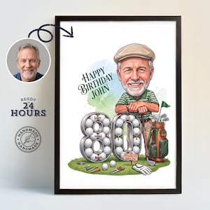 Può includere: Un'illustrazione caricaturale incorniciata di un uomo con berretto beige e camicia a righe verdi, appoggiato a una mazza da golf. Il numero 80 è formato da palline da golf. Il testo recita Happy Birthday John e Proudly 60 Below Par, con attrezzatura.