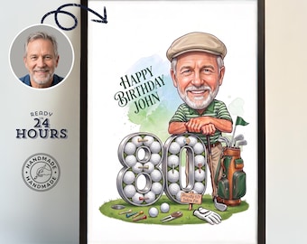 80th Birthday Golf Caricature from Photo, Personalized Golfer Portrait, 80th Birthday Gift for Him, Golf Lover Wall Art, Unique Gift for Dad