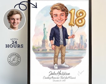 18th Birthday Drawing Gift for Boys & Girls – Custom Portrait Caricature from Photo, 18th Birthday Gifts for Son, 18th Birthday Boy
