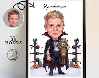 Custom Halloween Wrestler Caricature for Kids – Wrestling Boy Cartoon, Spooky Halloween Gift for Wrestling Fans