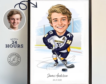 Portrait personnalisé de caricature de joueur de hockey sur glace | Dessin animé de hockey personnalisé | Cadeau d'art numérique
