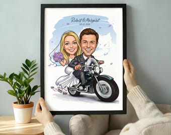 Custom Motorcycle Couple Caricature, Personalized Biker Art Gift Wedding Portrait, Painting from Photo, Wife Husband Gift