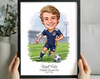 Personligt porträtt av fotbollsakademi för barn, anpassad fotbollskarikatyr, perfekt present till unga fotbollsspelare