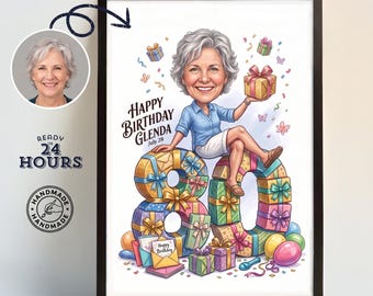 Personalized 80th Birthday Gift for Her, Custom Portrait from Photo, Birthday Caricature, Unique Gift for Mom, Grandma, Wife, Best Friend