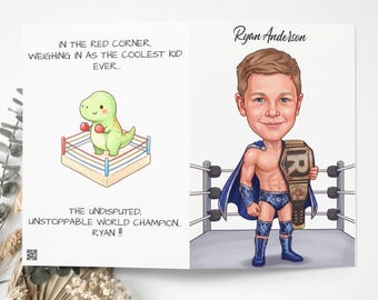 Personalized Wrestler Birthday Card for Kids, Custom Caricature Greeting Card, Wrestling Champion Gift, Kids Birthday Card