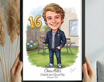 Personalized 16th Birthday Drawing Gift – Custom Caricature Portrait from Photo for Him or Her