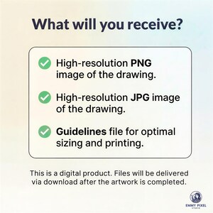 May include: A digital product information graphic with the heading What will you receive? It lists three items: a high-resolution PNG image of the drawing, a high-resolution JPG image of the drawing, and a guidelines file for optimal sizing and printing.