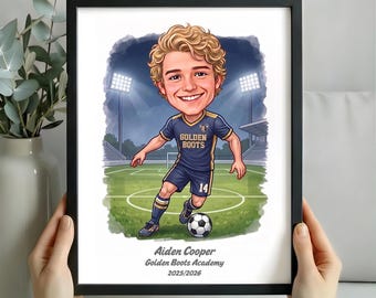 Anpassad karikatyr av fotbollsakademi, porträtt av barnfotbollsspelare, perfekt födelsedags- eller sportpresent