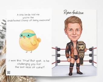 Custom Wrestler Birthday Card for Kids, Personalized Caricature Greeting Card, Wrestling Champion Gift, Kids Birthday Card