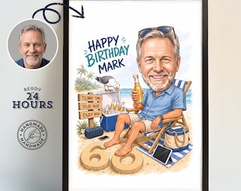60th Birthday Beach Portrait, Personalized 60th Birthday Caricature, Birthday Gift for Men, 60th Birthday card husband