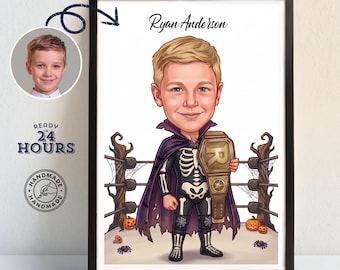 Personalized Halloween Wrestler Caricature for Kids – Custom Wrestling Boy Cartoon, Spooky Halloween Gift for Wrestling Fans