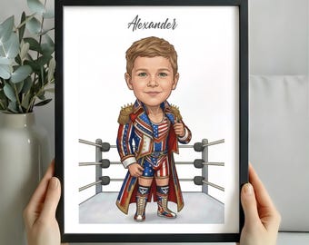 Wrestler Caricature Portrait For Kids– Custom Digital Cartoon Drawing, Wrestling Boy Gift