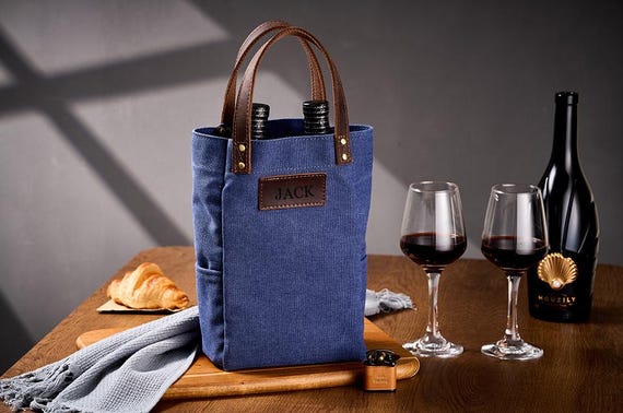 2 Bottle Canvas Wine Tote Bag, Personalized Name Wine Lover Gift, Housewarming Gift