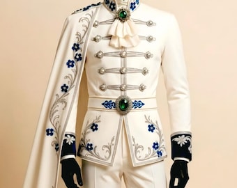 Men’s 3Pc White Gothic Cape Coat Royal Prince Wedding Outfit Victorian Luxury Ceremonial Suit Custom Tailored Formalwear Handmade Designer