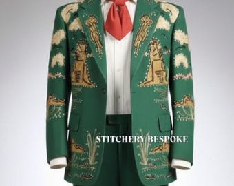 Men 2 Pc Suit Emerald Green Custom Gold Embroidered Cowboy Handmade Vintage Western Style Cocktail Party Wedding Groom Luxury nudie outfit