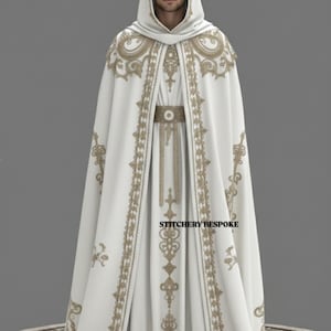 Regal White & Gold Hooded Cloak: Ornate Elven Priest Robe, Fantasy Wedding Groom Cape, Medieval Renaissance Faire Costume, LARP Mage Outfit