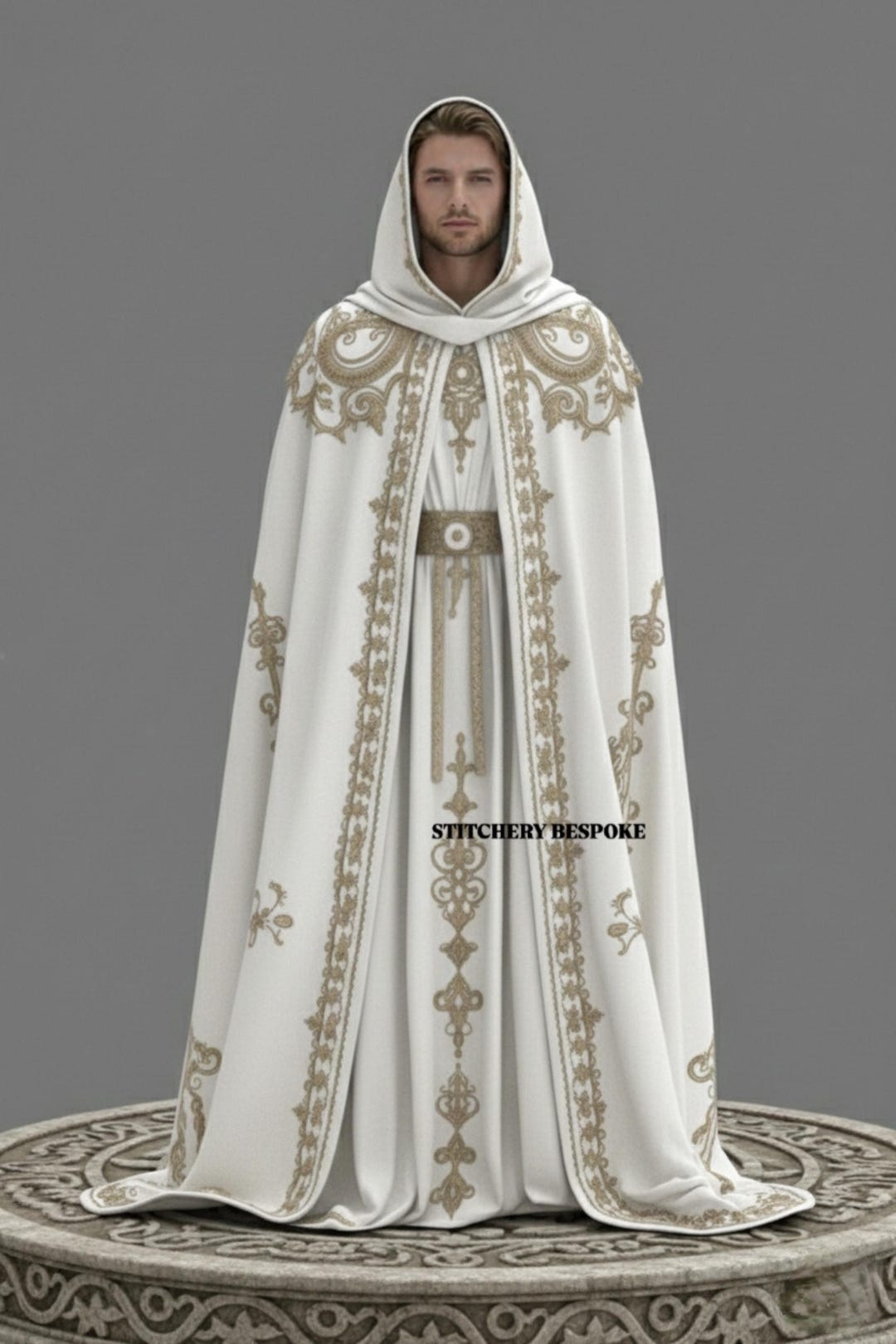 Regal White & Gold Hooded Cloak: Ornate Elven Priest Robe, Fantasy ...
