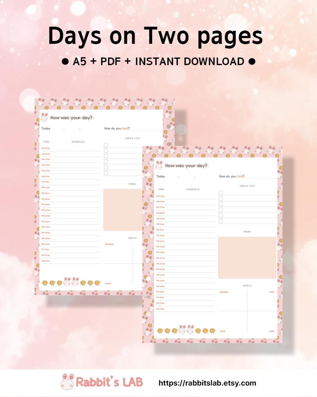 Planner Rabbet Cute Rabbit A5 Daily Planner Printable Pattern Kawaii Day on 2 Pages ...