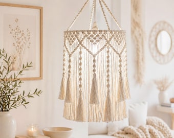 Macrame Hanging Lamp, Boho Wall Light, Cozy Neutral Home Decor