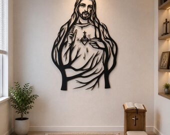 Arte mural de metal del Sagrado Corazón de Jesús, decoración cristiana moderna