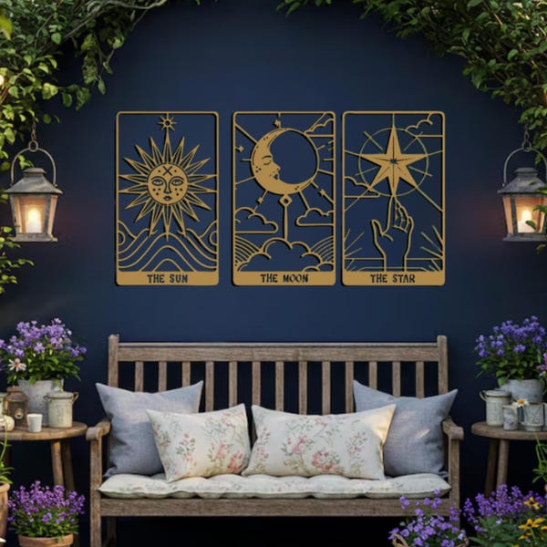 Tarot Metal Wall Art Set  Sun Moon Star Decor, Spiritual Astrology Metal Artwork